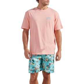 CARIBBEAN JOE Men's Sleep Set, Palm Island Shorts and Coral Crew Neck T-Shirt Pajamas, Lightweight Novelty Pjs
