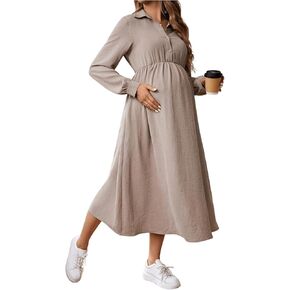MakeMeChic Women's Maternity Dress Breastfeeding Collared Button Front Long Sleeve A Line Pregnancy Nursing Dresses in Saudi Arabia
