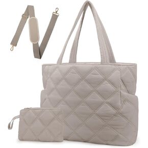 Puffer Work Tote Bag for Women, Large Laptop Tote Bags with Zipper, Quilted Tote Bag with compartments for Teacher Travel Gifts for Women, Beige