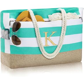 Large Initial Beach Bag Waterproof Tote Zipper Bag Personalized Gifts for Women Her Birthday Travel Beach Essential