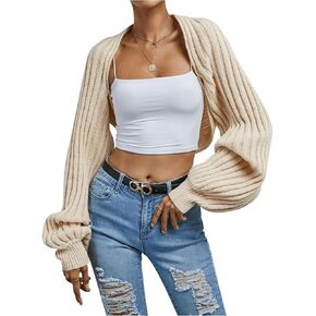 GORGLITTER Women's Long Sleeve Bolero Shrug Crop Cardigan Open Front Drop Shoulder Knit Sweater Light Apricot Medium