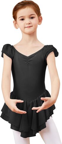 Girls Black Ballet Dress Ruffle Sleeve Dance Leotards with Skirt Mesh Spliced Ballerina Outfits in Saudi Arabia