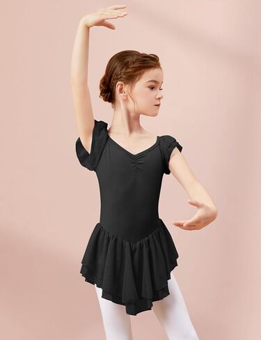 Girls Black Ballet Dress Ruffle Sleeve Dance Leotards with Skirt Mesh Spliced Ballerina Outfits in Saudi Arabia