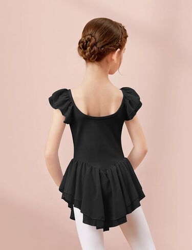 Girls Black Ballet Dress Ruffle Sleeve Dance Leotards with Skirt Mesh Spliced Ballerina Outfits in Saudi Arabia