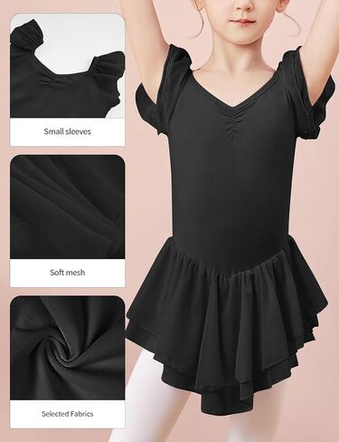 Girls Black Ballet Dress Ruffle Sleeve Dance Leotards with Skirt Mesh Spliced Ballerina Outfits in Saudi Arabia