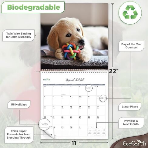 EcoEarth - Biodegradable 11x22 Inch (Open) 12-Month Vertical Hanging Wall Calendar - 2025 Monthly Calendar - Cute Puppies in Kuwait