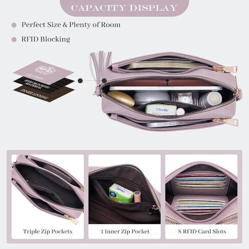 Triple Zip Small Crossbody Bag for women,Wide Strap Cell Phone Purse Shoulder Handbag Wallet with Credit Card Slots in Kuwait