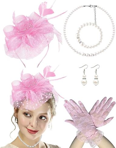 5 Pack Fascinators Hat for Women Tea Party Veil Mesh Headband Feather Derby Hat Lace Gloves Pearl Jewelry Set for 1920s Party in Saudi Arabia