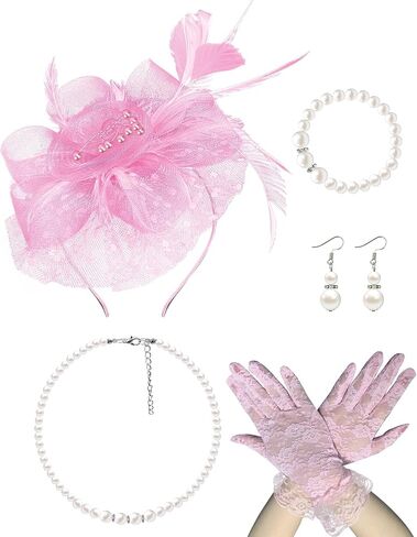 5 Pack Fascinators Hat for Women Tea Party Veil Mesh Headband Feather Derby Hat Lace Gloves Pearl Jewelry Set for 1920s Party in Saudi Arabia