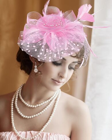 5 Pack Fascinators Hat for Women Tea Party Veil Mesh Headband Feather Derby Hat Lace Gloves Pearl Jewelry Set for 1920s Party in Saudi Arabia