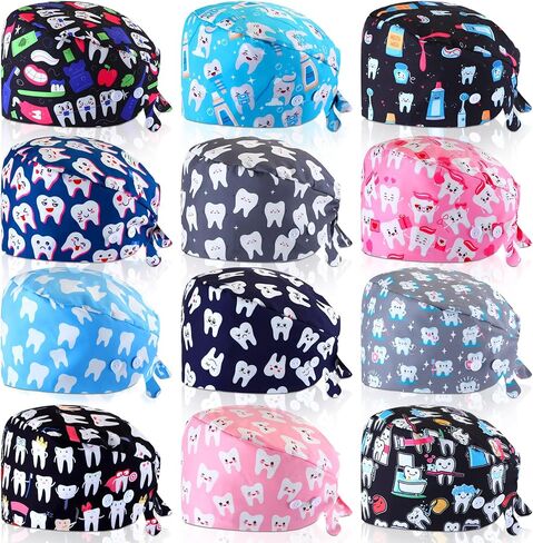Unittype 12 Pcs Dental Caps for Women Adjustable Dentist Scrub Cap Elastic Nurse Hats Teeth Pattern Working Hats Bulk in Kuwait