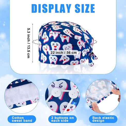 Unittype 12 Pcs Dental Caps for Women Adjustable Dentist Scrub Cap Elastic Nurse Hats Teeth Pattern Working Hats Bulk in Kuwait