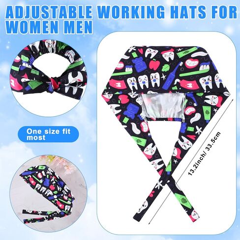 Unittype 12 Pcs Dental Caps for Women Adjustable Dentist Scrub Cap Elastic Nurse Hats Teeth Pattern Working Hats Bulk in Kuwait