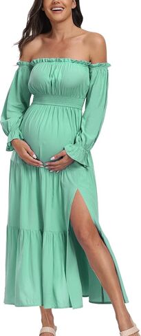 Boho Off Shoulder Maternity Dresses, Long Sleeve Side Split Flowy A Line Tiered Maxi Dress for Baby Shower Photoshoot in Saudi Arabia