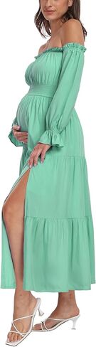 Boho Off Shoulder Maternity Dresses, Long Sleeve Side Split Flowy A Line Tiered Maxi Dress for Baby Shower Photoshoot in Saudi Arabia