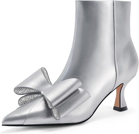Coutgo Womens Low Kitten Heel Ankle Boots Rhinestone Bow Pointed Toe Side Zipper Dress Fall Booties Shoes in Saudi Arabia