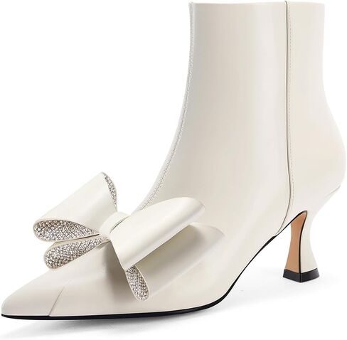 Coutgo Womens Low Kitten Heel Ankle Boots Rhinestone Bow Pointed Toe Side Zipper Dress Fall Booties Shoes in Saudi Arabia