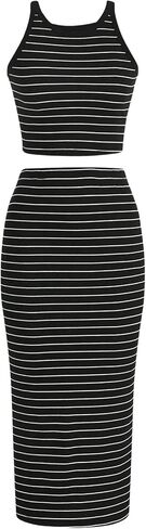 Verdusa Women's Casual 2 Piece Set Round Neck Sleeveless Slim Fit Striped Tank Top and Skirt in Saudi Arabia