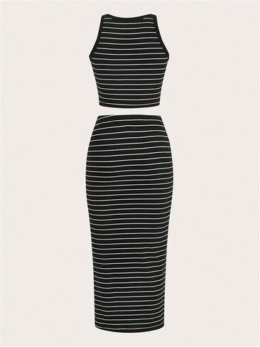Verdusa Women's Casual 2 Piece Set Round Neck Sleeveless Slim Fit Striped Tank Top and Skirt in Saudi Arabia