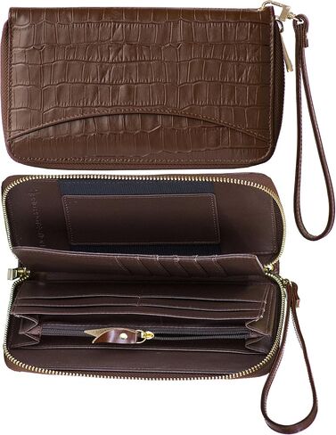 Women's Genuine Leather Wallet Wristlet Strap Clutch with Scan Proof Walls for ID protection -Crocodile Skin Design in Black in Saudi Arabia
