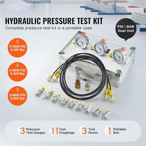 VEVOR Hydraulic Pressure Test Kit, 10/100/250/400/600bar, 5 Gauges 13 Test Couplings 14 Tee Connectors 5 Test Hoses, Hydraulic Gauge Kit with Sturdy Carrying Case, for Excavator Construction Machinery in Kuwait