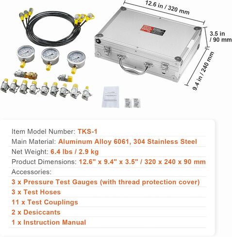 VEVOR Hydraulic Pressure Test Kit, 10/100/250/400/600bar, 5 Gauges 13 Test Couplings 14 Tee Connectors 5 Test Hoses, Hydraulic Gauge Kit with Sturdy Carrying Case, for Excavator Construction Machinery in Kuwait