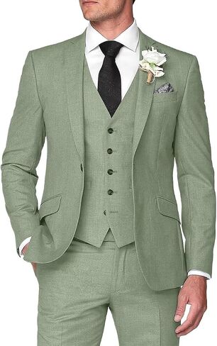 Mens 3 Pieces Summer Linen Suit Beach Wedding Slim Fit Blazer Grooms Suits in Saudi Arabia