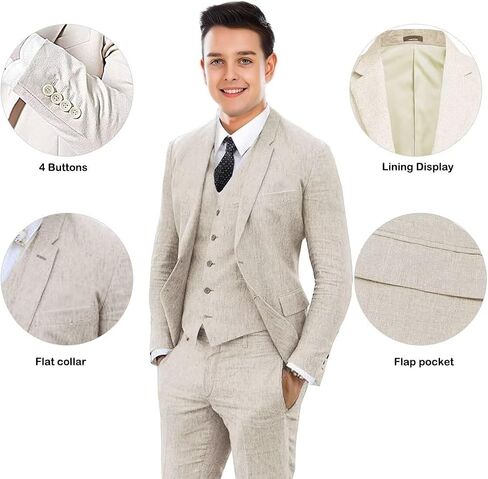 Mens 3 Pieces Summer Linen Suit Beach Wedding Slim Fit Blazer Grooms Suits in Saudi Arabia
