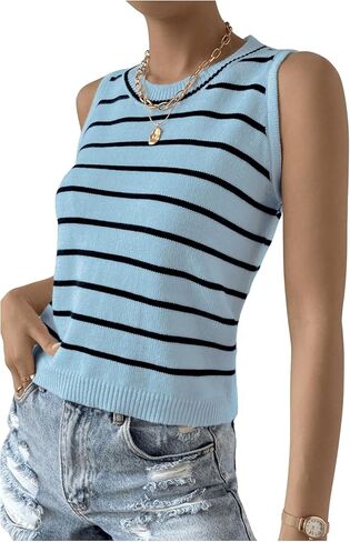 GORGLITTER Women's Striped Sleeveless Sweater Vest Round Neck Pullover Knitwear Tank Tops in Saudi Arabia
