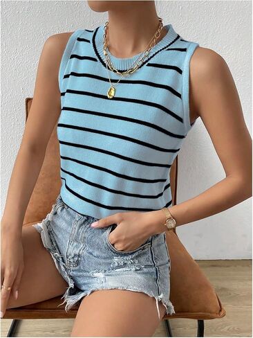 GORGLITTER Women's Striped Sleeveless Sweater Vest Round Neck Pullover Knitwear Tank Tops in Saudi Arabia