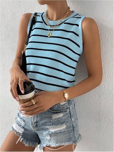 GORGLITTER Women's Striped Sleeveless Sweater Vest Round Neck Pullover Knitwear Tank Tops in Saudi Arabia