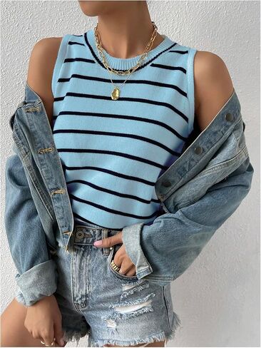 GORGLITTER Women's Striped Sleeveless Sweater Vest Round Neck Pullover Knitwear Tank Tops in Saudi Arabia