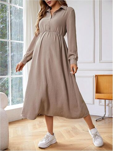 MakeMeChic Women's Maternity Dress Breastfeeding Collared Button Front Long Sleeve A Line Pregnancy Nursing Dresses in Saudi Arabia