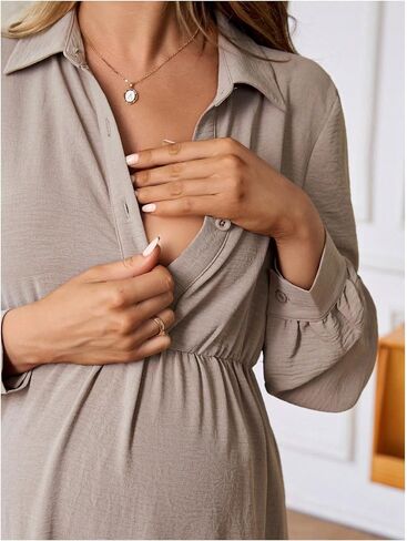 MakeMeChic Women's Maternity Dress Breastfeeding Collared Button Front Long Sleeve A Line Pregnancy Nursing Dresses in Saudi Arabia