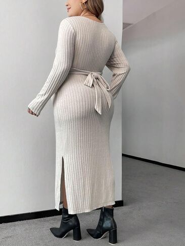فستان حمل نسائي من MakeMeChic بمقاس كبير وأكمام طويلة وربطة عنق وفتحة خلفية وفتحة الفخذ فساتين منسوجة مضلعة in Saudi Arabia