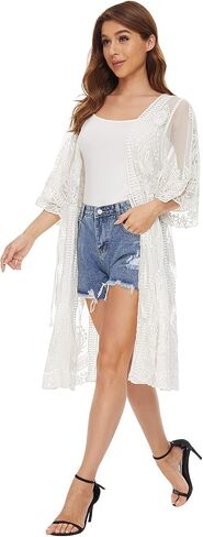 Women's Lace Cardigan Floral Crochet Sheer Beach Cover Ups Long Kimono Shrug in Saudi Arabia