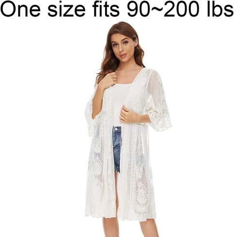 Women's Lace Cardigan Floral Crochet Sheer Beach Cover Ups Long Kimono Shrug in Saudi Arabia