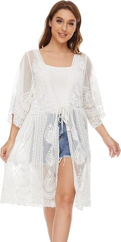 Women's Lace Cardigan Floral Crochet Sheer Beach Cover Ups Long Kimono Shrug in Saudi Arabia