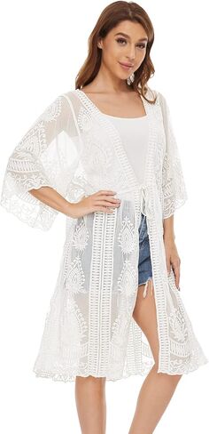 Women's Lace Cardigan Floral Crochet Sheer Beach Cover Ups Long Kimono Shrug in Saudi Arabia