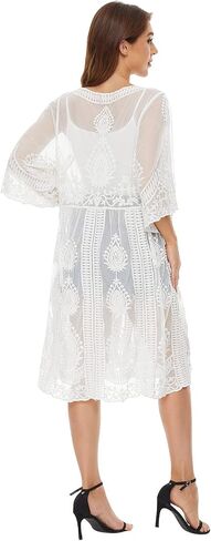 Women's Lace Cardigan Floral Crochet Sheer Beach Cover Ups Long Kimono Shrug in Saudi Arabia