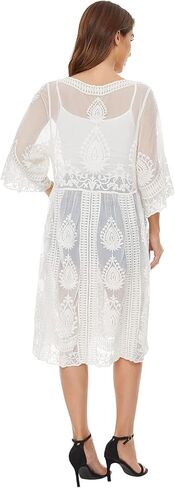 Women's Lace Cardigan Floral Crochet Sheer Beach Cover Ups Long Kimono Shrug in Saudi Arabia
