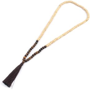 COLORFUL BLING Handmade 8MM Semi-precious Stone Beaded Natural Wood Mala Beads Long Tassel Fringe Pendant Necklace for Women Men Prayer Tibetan Jewelry