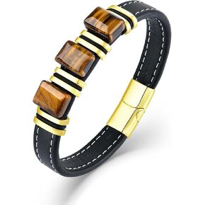 Men's Leather Bracelet Natural Tiger Eye Leather Cuff Bracelet for him,Father's Day Anniversary Jewelry Gifts