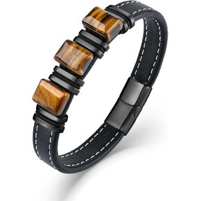 Men's Leather Bracelet Natural Tiger Eye Leather Cuff Bracelet for him,Father's Day Anniversary Jewelry Gifts in Kuwait
