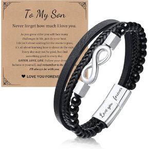 Infinity Knot Leather Bracelet for Men, Braided Leather Cuff Stainless Steel Linked Together Wristband Agate Natural Stone Jewelry, Engraved with Love You Forever Gifts for Son