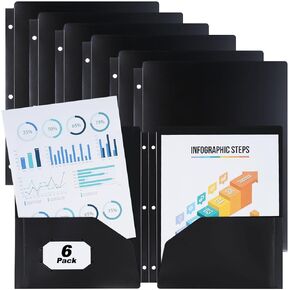 6 Pack Heavy Duty Poly 2-Pocket Folders, 3-Hole Punched, Business Card Slot, Back to School Supplies- Reusable, Tear and Water Resistant, School, Office Use -FlexOffice- Adhesive Label Included