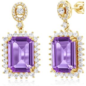 Gem Stone King 18K Yellow Gold Plated Silver Purple Amethyst Dangle Earrings For Women (13.10 Cttw, Gemstone February Birthstone, Emerald Cut 14X10MM)
