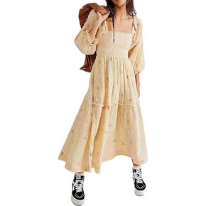 Women Casual Bohemian Floral Dress Square Neck Ruffle Swing A Line Dress Long Sleeve Beach Maxi Dress