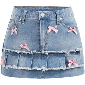 SHENHE Women's Bow Decor Denim Mini Skirt Ruffle Hem Frayed Cute Mini Jean Skirt