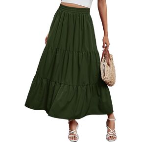 Arolina Maxi Skirt for Women Summer Boho Elastic High Waist Pleated A-Line Flowy Ruffle Swing Tiered Long Beach Skirt Dress